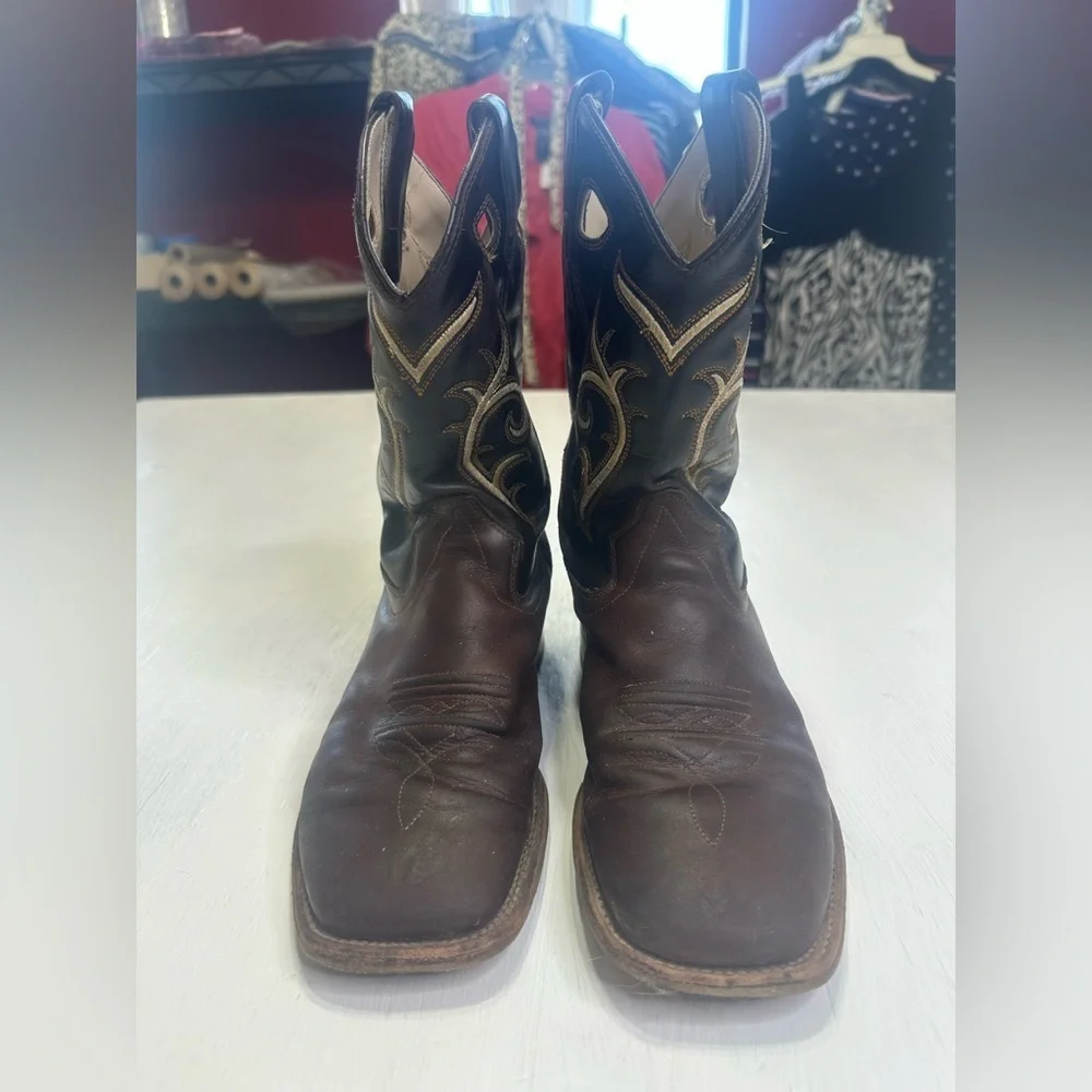 Old West Kids Cowboy Boots Brown Leather Square Toe Western Youth Size 3D